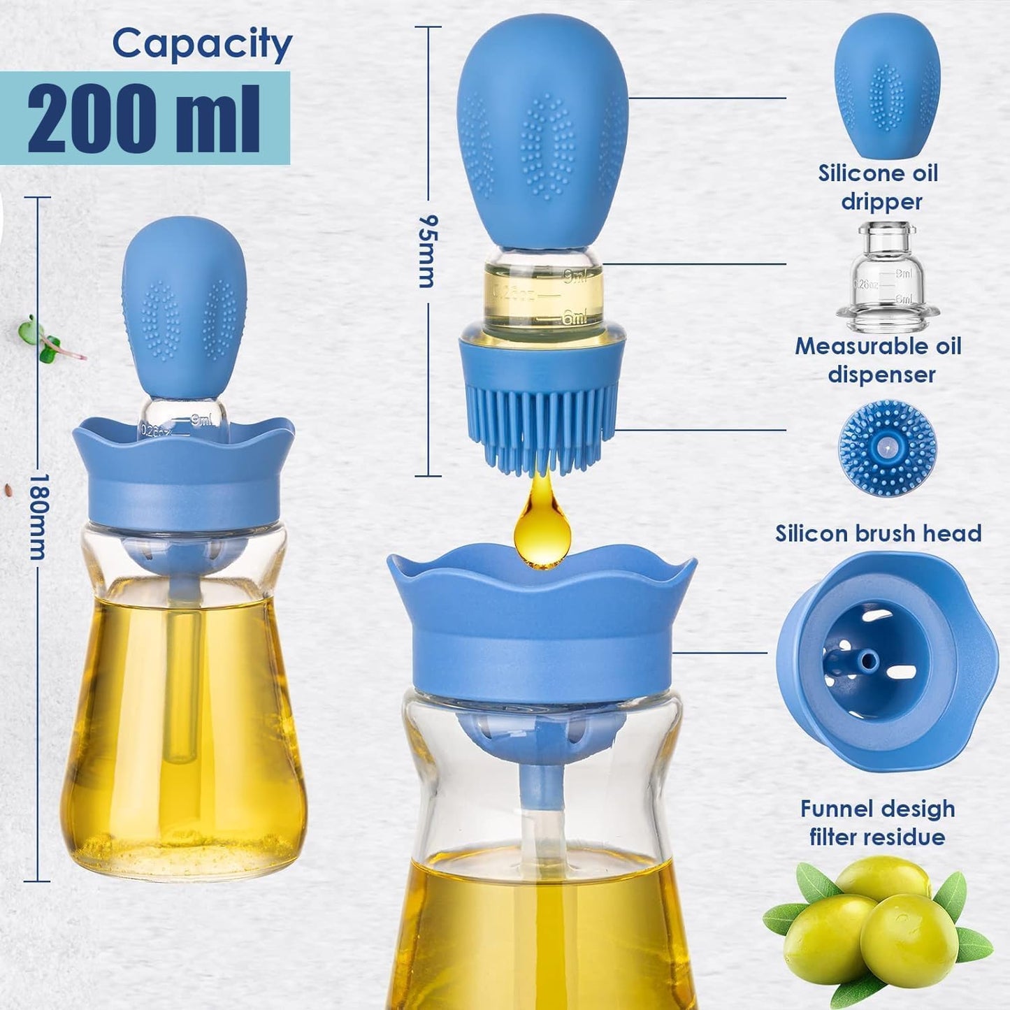 Oil Dispenser Bottle with Silicone Brush, 200ML 2 in 1 Silicone Dropper Measuring Oil Dispenser Bottle for Kitchen Cooking, Frying, Baking, BBQ Pancake, Air Fryer, Marinating - Cream White