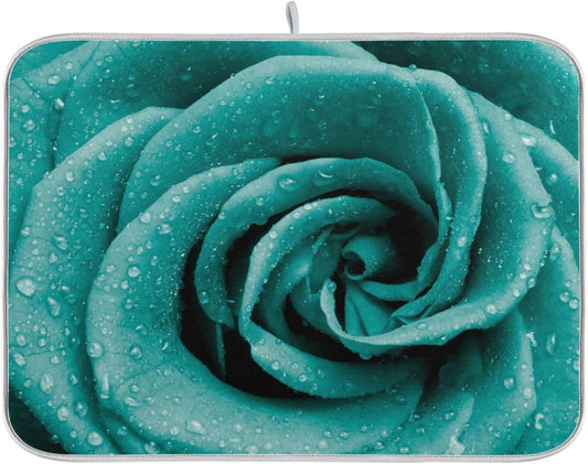 Super Absorbent Dish Drying Mat, Microfiber Fast-Drying Dish Mat, 16" x 18", Kitchen Dish Drying Pad Hipster Turquoise Rose Petals
