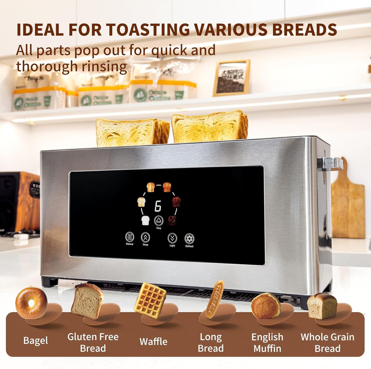 Touch Screen Toaster with LCD Display, Slim Toaster 2 Slice - Long 10" Slot for Baguettes & Extra Wide 1.6" Slot, 6 Browning Levels, 1200W, Space Saving