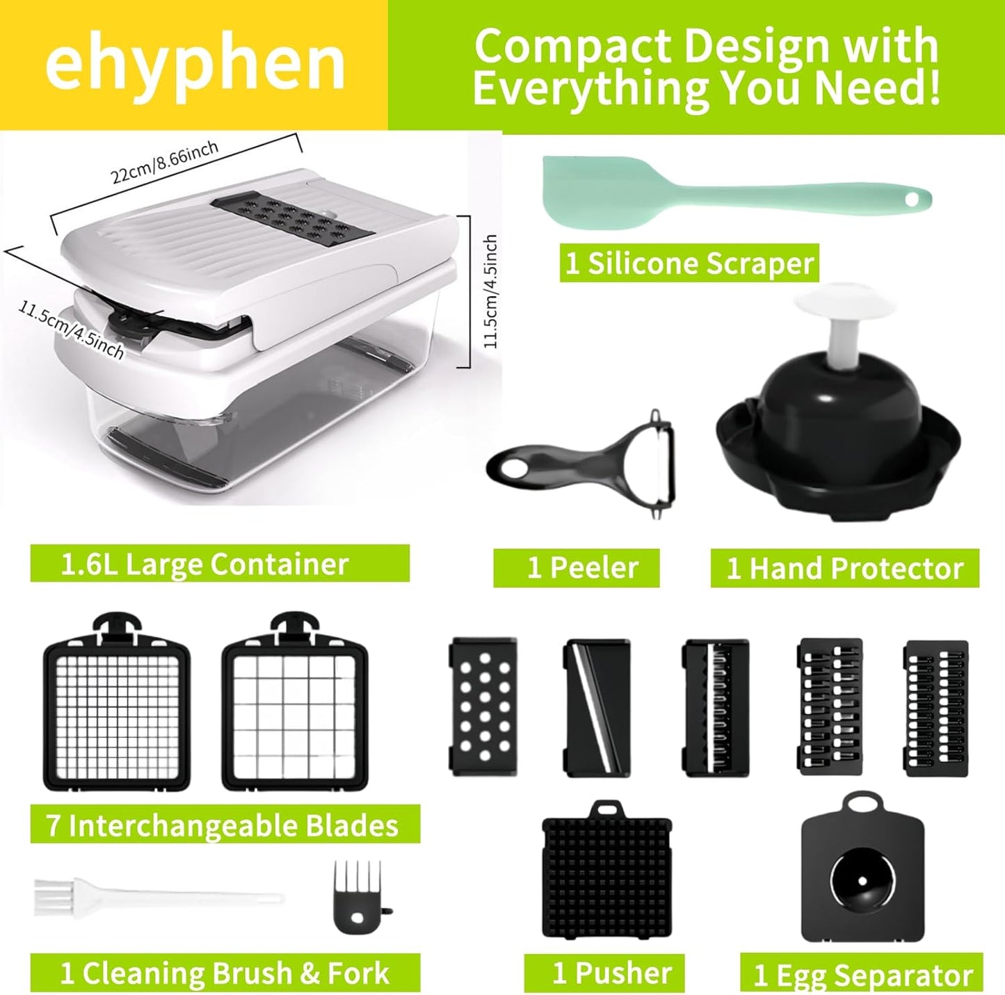 16 in 1 BPA free Vegetable Chopper with Container,Salad Food Veggie Chopper,Onion Cutter,Mandoline Slicer,Includes Egg Separator & Peeler,Non-Slip Base & Safety Guard,Chop 50% Faster(White)