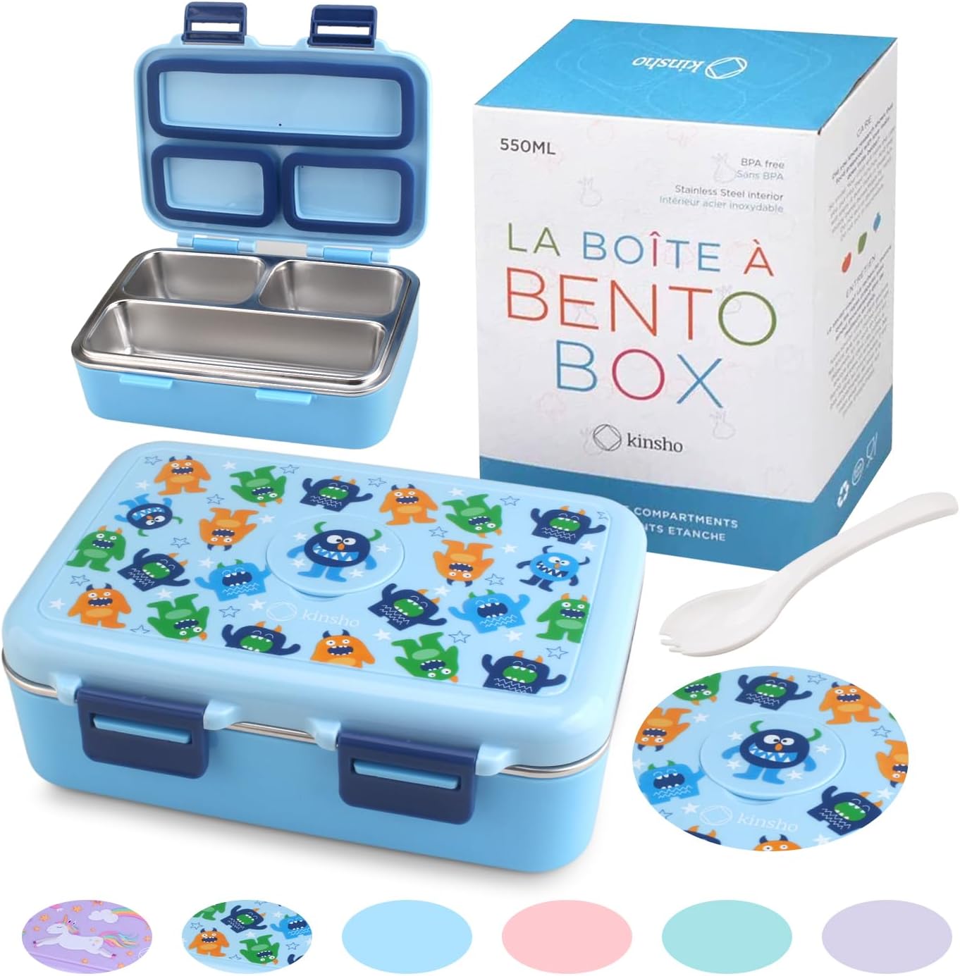 Stainless Steel Lunch Box for Baby Toddlers Boys, Mini Bento, 3 Eco Metal Portion Sections Leakproof Lid, Pre-School Daycare Lunches, Kids Spill-Proof Snack Container, 18 oz/ 550 mL Blue Cute Monster