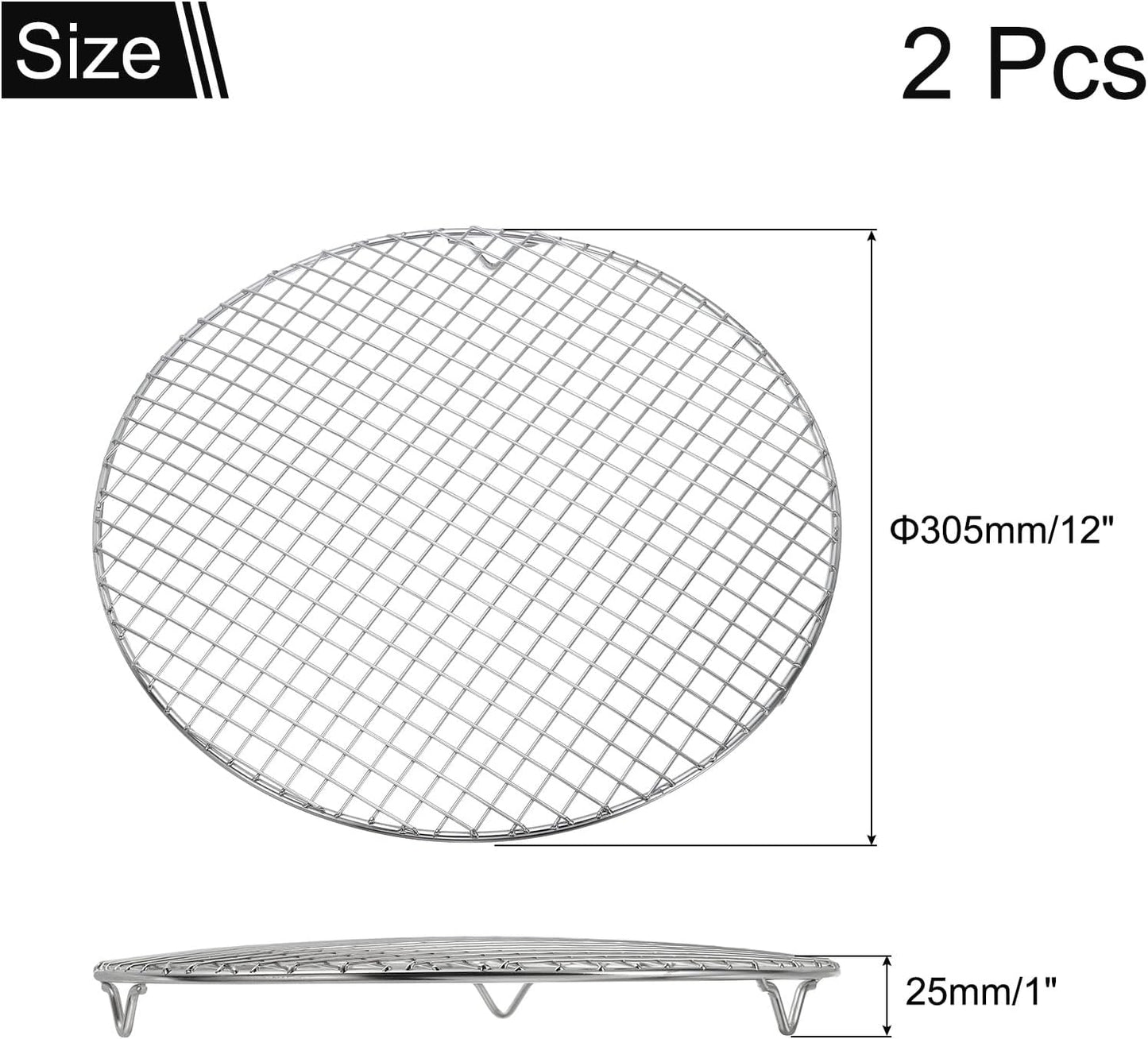 uxcell 2 Pcs Round Cooking Rack with Legs, Dia 12 Inch 304 Stainless Steel Barbecue Grill for Cooking Baking Barbecue Air Fryer Racks, Silver
