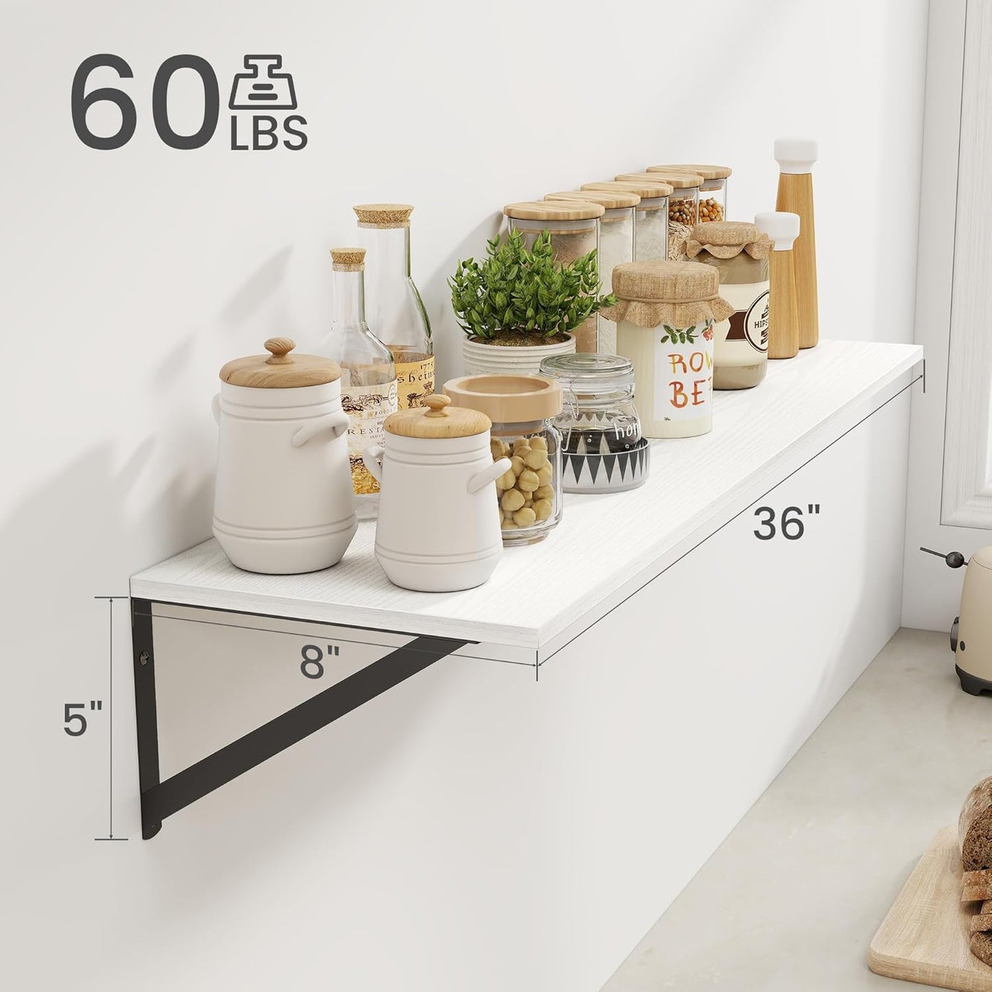 Heimlove White Deep Floating Shelves for Wall, 36W x 8D Wood Wall Shelves Set of 2, Wide Floating Bookshelf for Living Room, Kitchen, Office, Bedroom and Decor Storage, with Black Bracket - White