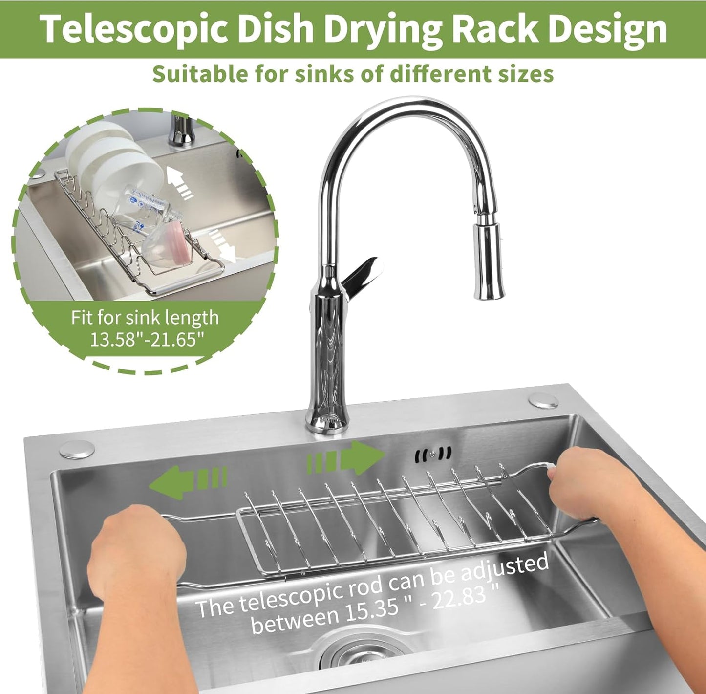 Space Saving Dish Drying Rack Small - Expandable Telescopic Over The Sink Drying Rack,304 Stainless Steel Dishrack for 13.58" - 21.65" Sinks. (Small)
