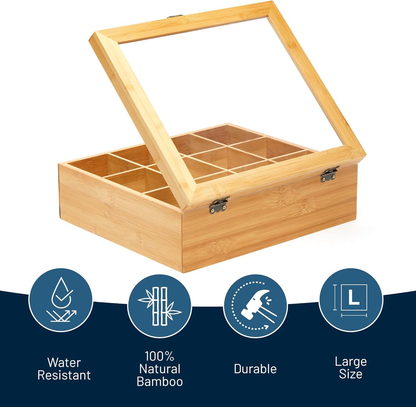 RoyalHouse Big Natural Bamboo Tea Storage Organizer with Clear Acrylic Top Window, 12 Compartments Eco-Friendly Tea Bag Holder, Multi-Functional Storage Box