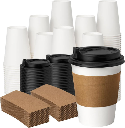 YEEHAW 12 oz 100 Pack Disposable Paper Coffee Cups with Lids & Sleeves, To Go Hot Cups for Coffee, Hot Liquid, Chocolate, Juice, Hot Beverage Drinking Cup, Ideal for Cafes, Bistros