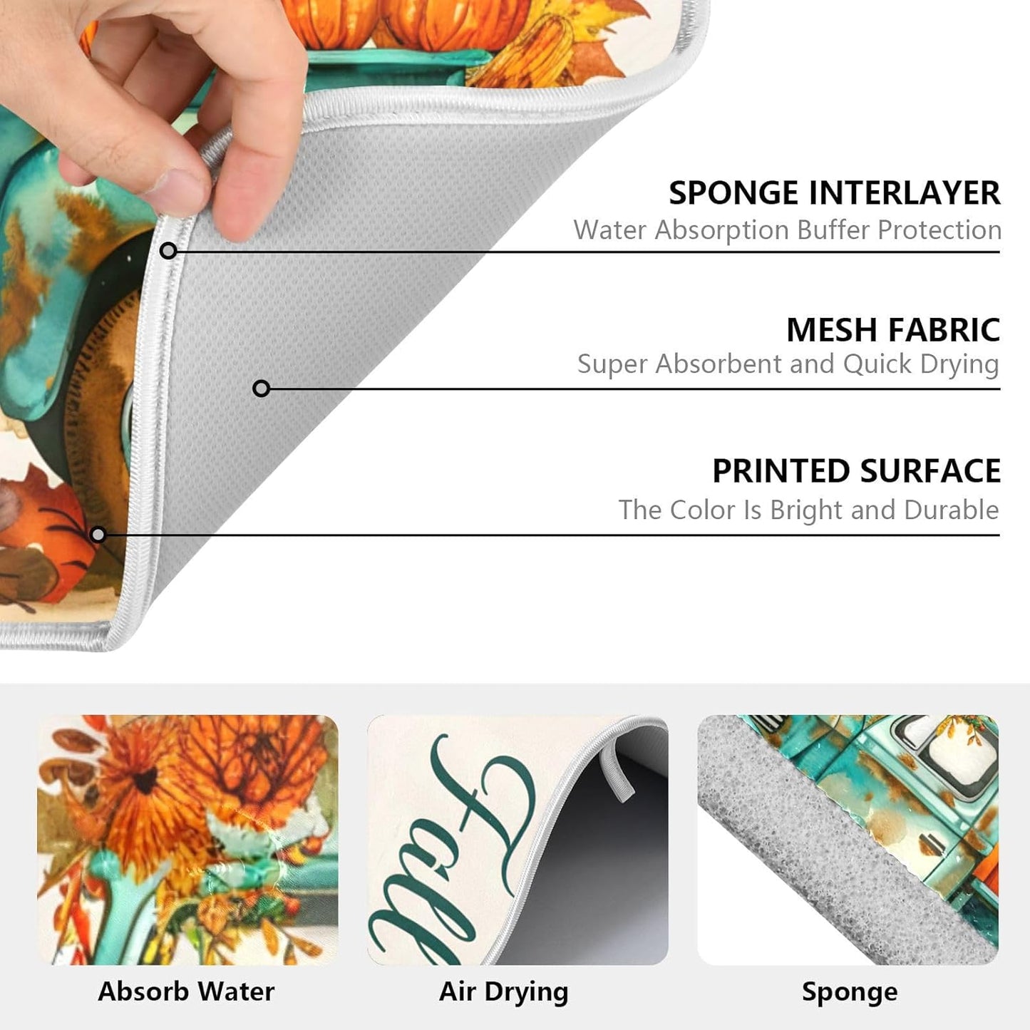 Vintage Fall Truck with Pumpkins Autumn Leaves Dish Drying Mat for Kitchen Counter Absorbent Microfiber Small Drying Pad Dish Mats for Kitchen Countertops 16 x 18 Inch