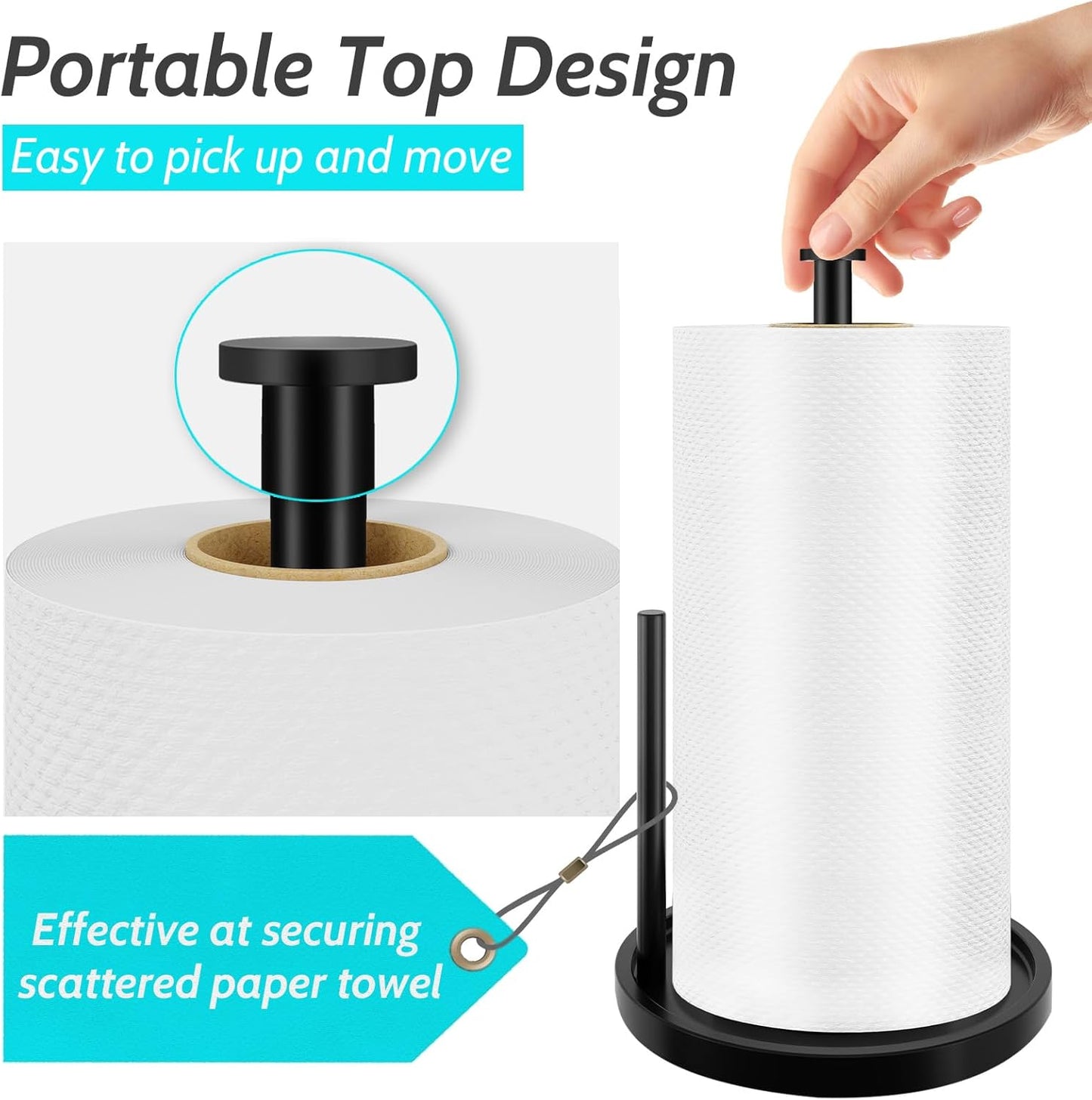 Paper Towel Holder Countertop, Standing Paper Roll Holder with Anti Slip Weighted Base, Stainless Steel Freestanding Paper Towel Holder for Kitchen, Black