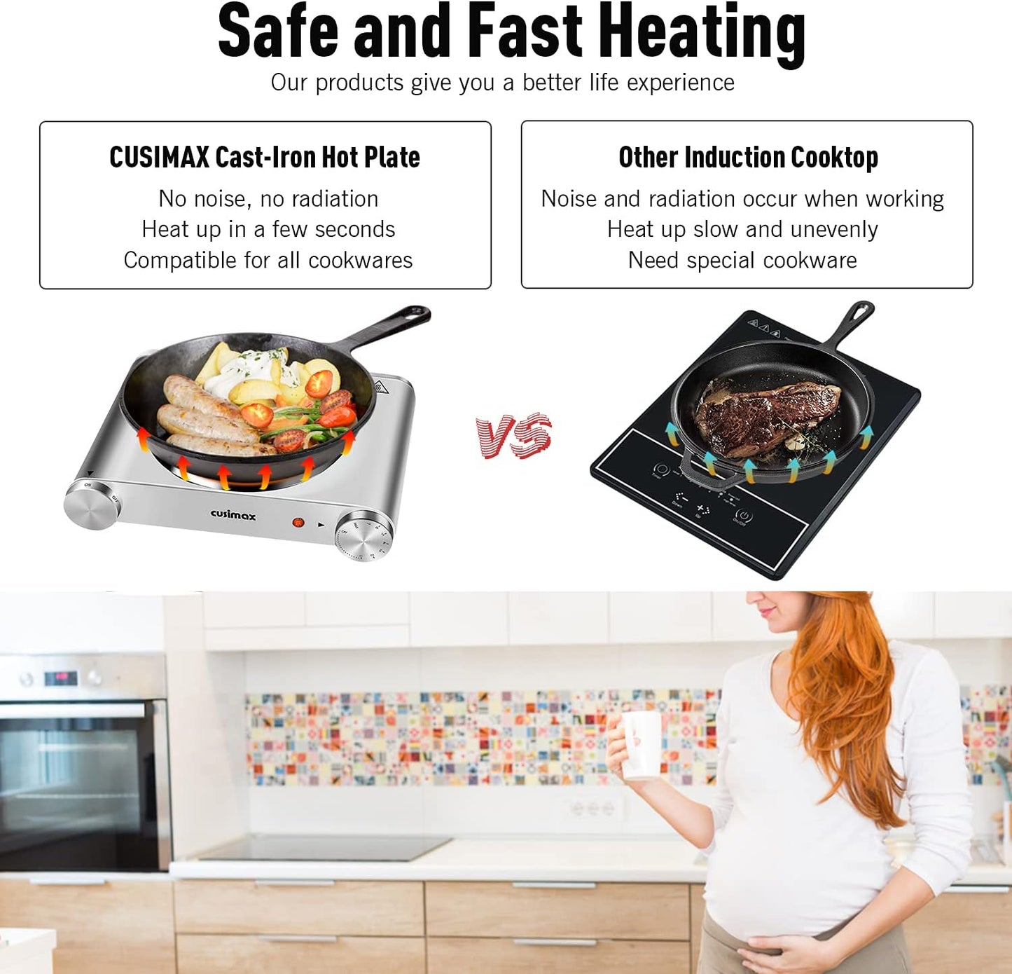 Electric Stove, CUSIMAX Portable Hot Plate for Countertop, Single Cast Iron Burner, 1500 Watts 7-Stage Temperature Control, Suitable for Any Cookware, Easy to Clean