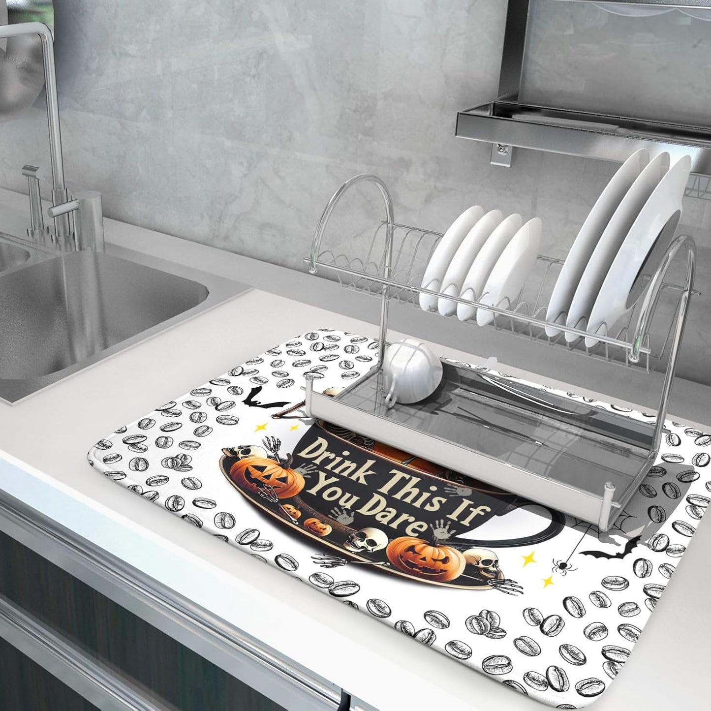 Skull Dead Coffee Mat Funny Dish Drying Pad for Kitchen Counter Absorbent Coffee Bar Accessories 18 X 24 Inch