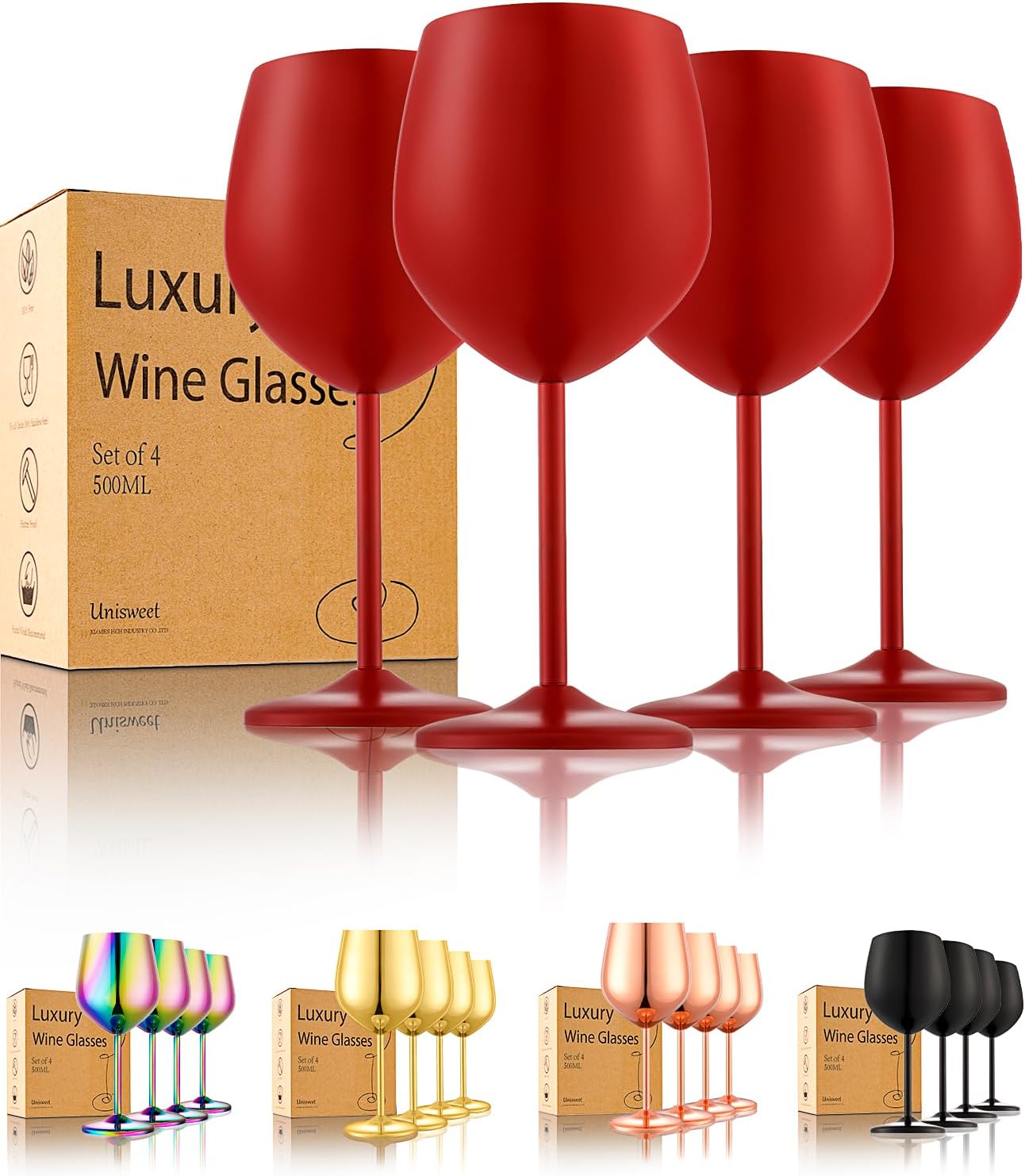 Stainless Steel Wine Glasses Set of 4 Unbreakable Wine Glass 18 oz Unique Metal Wine Goblets for Outdoor, Travel, Camping, Pool, Ideal Gift for Wine Lovers (Matte-Red)