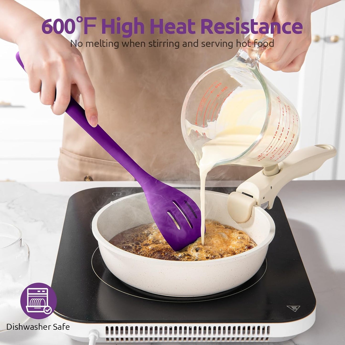 600ºF Heat Resistant Slotted Spoon: U-Taste 13.3in Solid Kitchen Cooking Spoon, Nonstick Food Grade Large & Long Rubber Utensil for Mixing, Serving, Stirring, Basting, Frying, Draining (Purple)