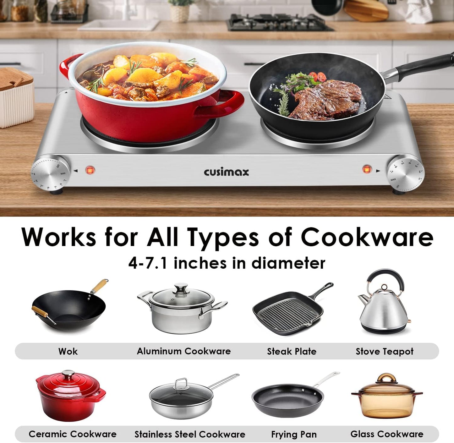 CUSIMAX Hot Plate, Electric Double Burner, 1800W Cast Iron Countertop Cooktop, Portable for Cooking, Compatible for All Cookwares, Easy Clean, Upgraded Version