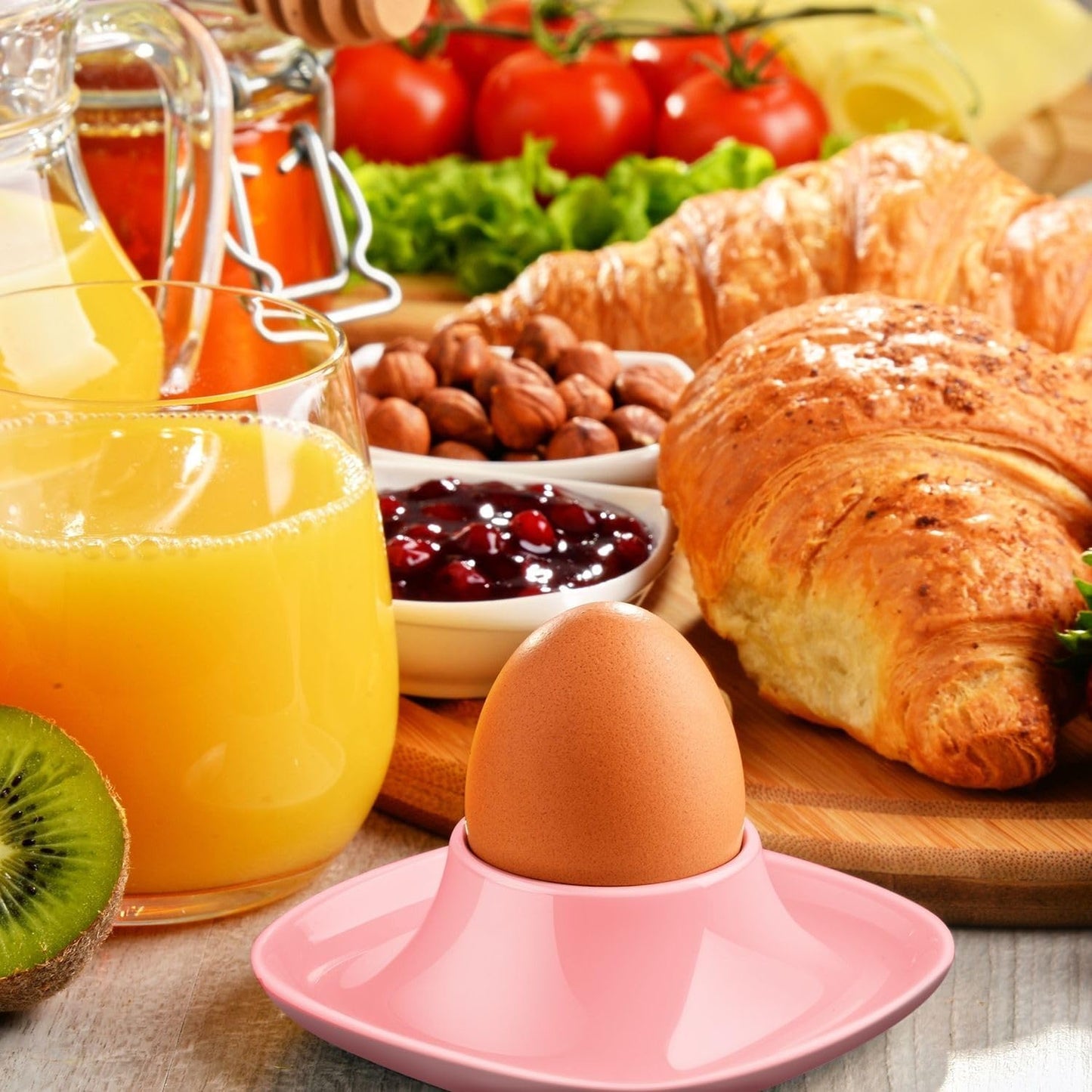 Flexzion Egg Cups for Soft Boiled Eggs - Set of 6 Ceramic Egg Holder - Stackable Egg Coddler Cups with Base for Serving, Breakfast, Brunch - Kitchen Table Decor, Pink