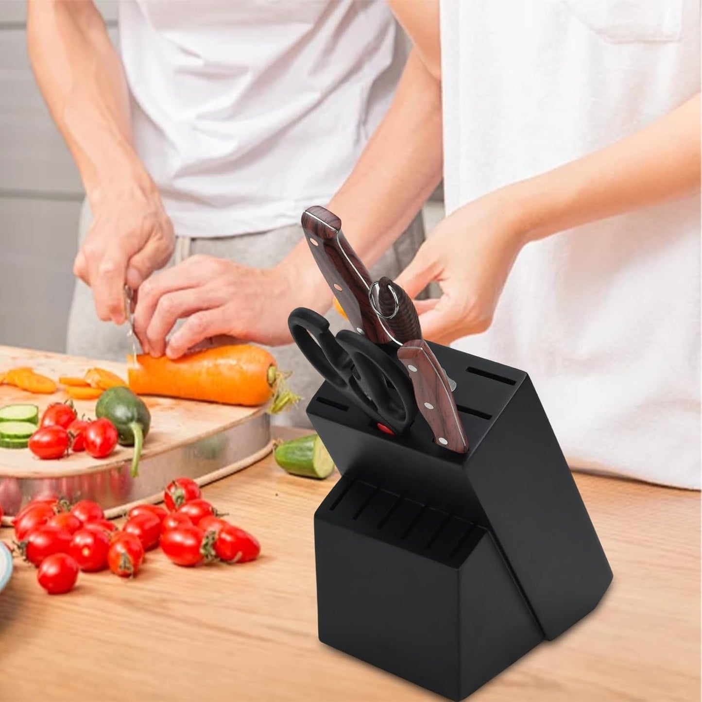 Wood Kitchen Knife Block, Universal Kitchen Knife Holder Kitchen Knife Storage Rack 14 Slots Knife Holder (Black)