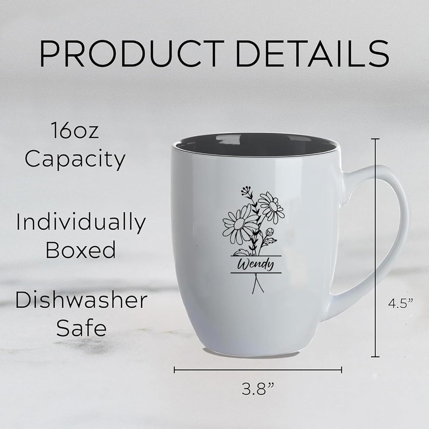 Personalized Coffee Mug, 16oz Engraved Ceramic Birth Flower Mug for Women With Custom Name & Text, Personalized Gifts for Birthday, Valentine, Christmas, Grandma, Wife, Mom, Friends