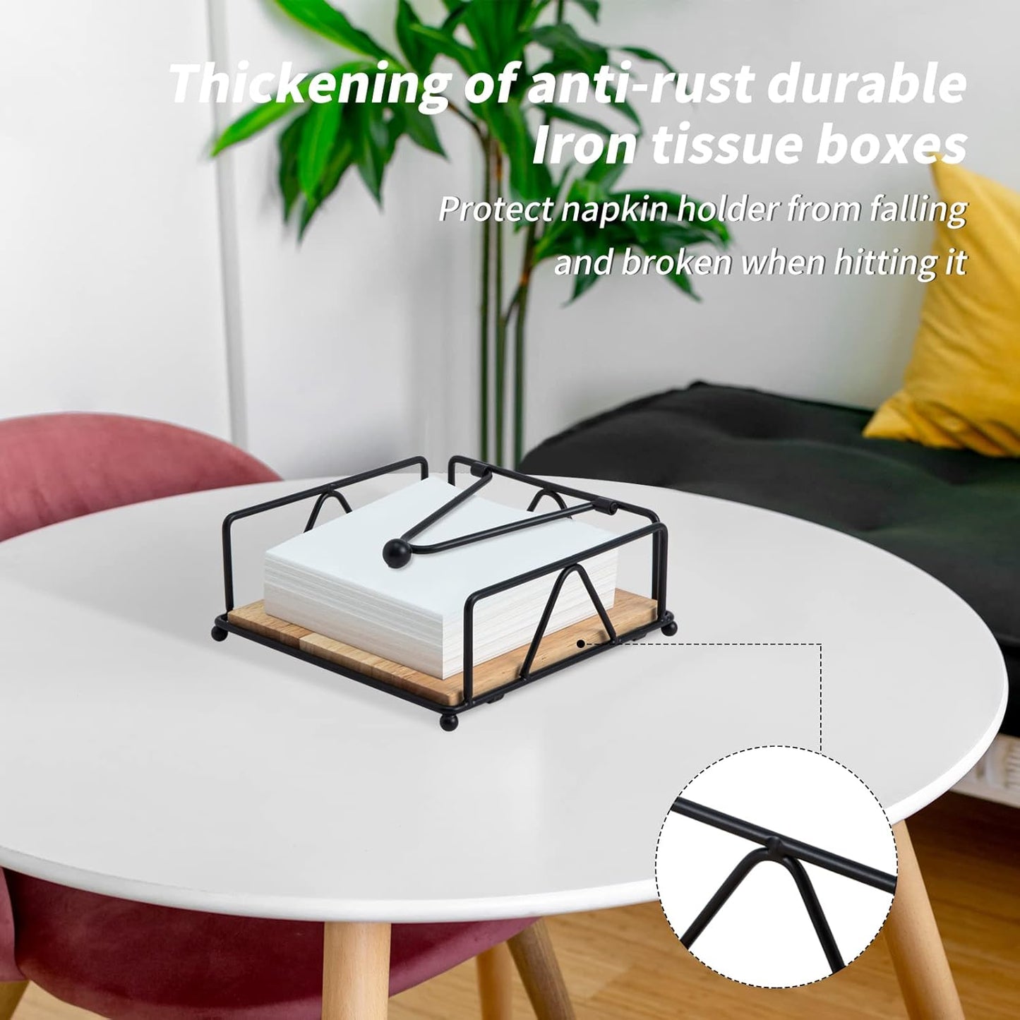 Square Napkin Holder - Durable Table Napkin Dispenser with Weighted Arm, Metal Napkin Storage with Wooden Base, Farmhouse Napkin Holder for Table, Kitchen and Countertops (Black)