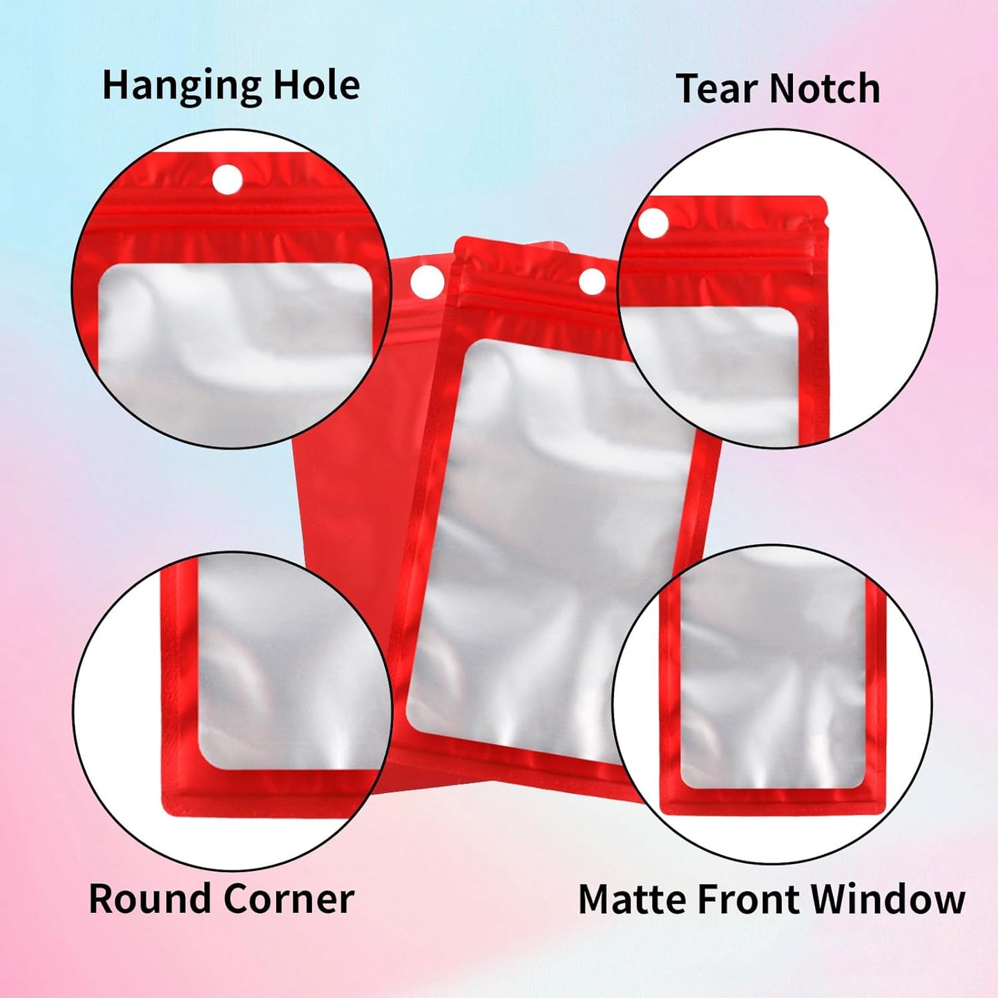 200 Pack Resealable Mylar Holographic Bags Food Storage Smell Proof Bags with Front Window Foil Packaging Pouch for Candy Sample Jewelry Small Business 4.13×5.91 Inch, Red