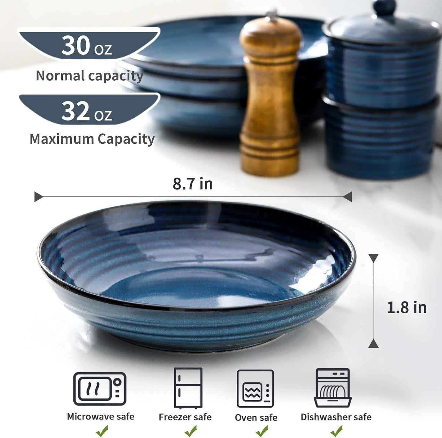 MEKY Ceramic Pasta Bowls, 8.7 Inch Serving Bowls for Salad, 32oz Soup & Fruit, Set of 4,Microwave & Dishwasher Safe, Dinnerware for Family, Entertaining & Everyday Meals (Blue)