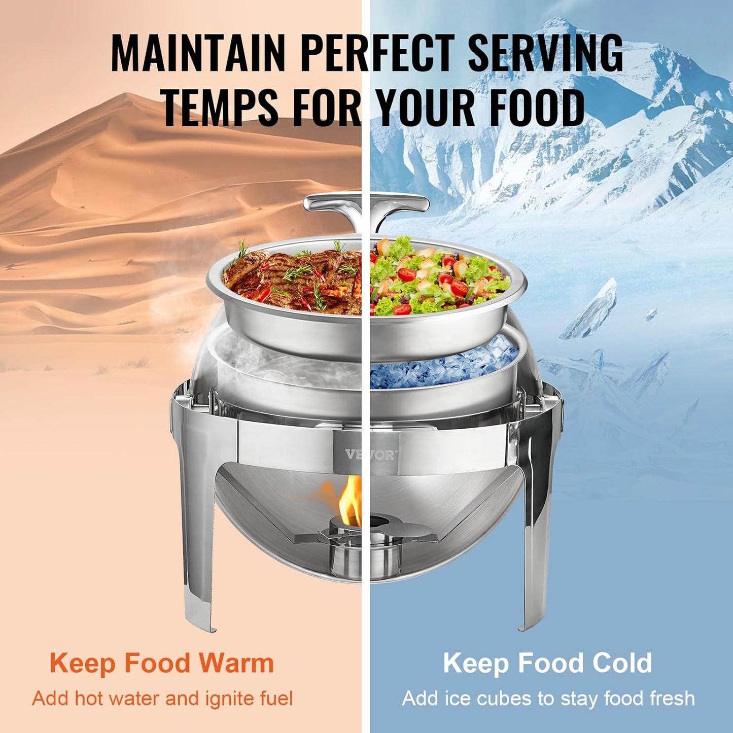 VEVOR Roll Top Chafing Dish Buffet Set, 6 Qt 2 Pack, Stainless Steel Chafer with 2 Full Size Pans, Round Catering Warmer Server with Lid Water Pan Stand Fuel Holder, for at Least 5 People Each