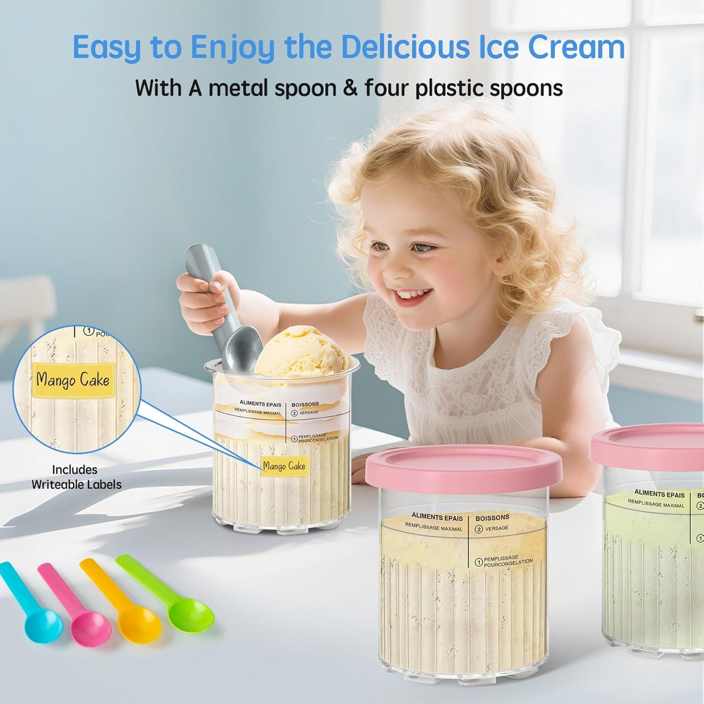 GuanQiao 4 Pack Creami Deluxe Pints & Lids for Ninja, 24 Oz Compatible with NC500 NC501 Series Ice Cream Makers, with 4 Spoons & 64 Writable Labels, BPA-Free & Dishwasher Safe, Pink