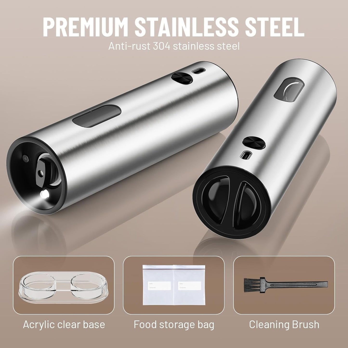 Electric Salt and Pepper Grinder Set Rechargeable Automatic Pepper Grinder Mill Stainless Steel with Base Upgraded Large Capacity, Powered Salt Shakers, LED Light & Adjustable Coarseness,Kitchen Gift