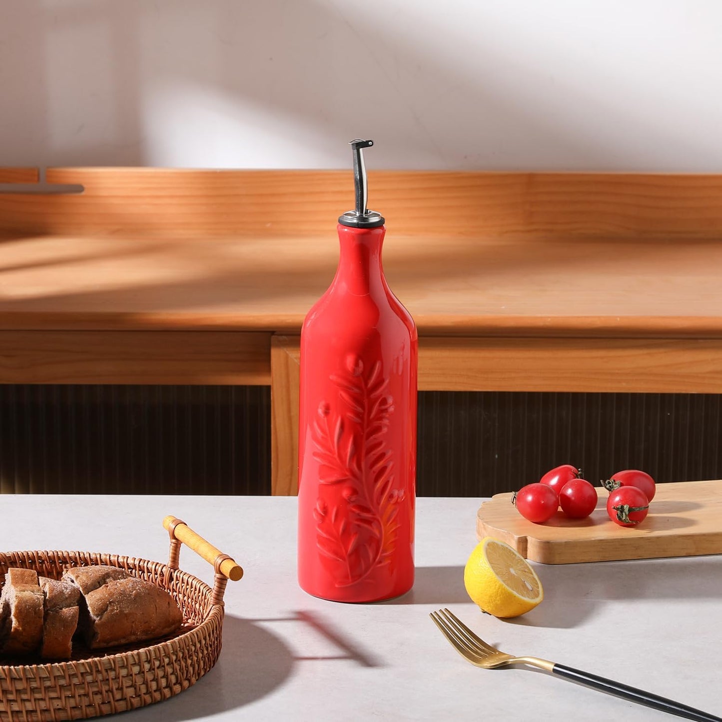 Sweejar Large Olive Oil Dispenser Bottle with Spout, 24 Oz Ceramic Oil Dispenser for Kitchen, Relief Opaque Cruet, Container for Cooking, EVOO, Vinegar, Pack of 1 (Red)