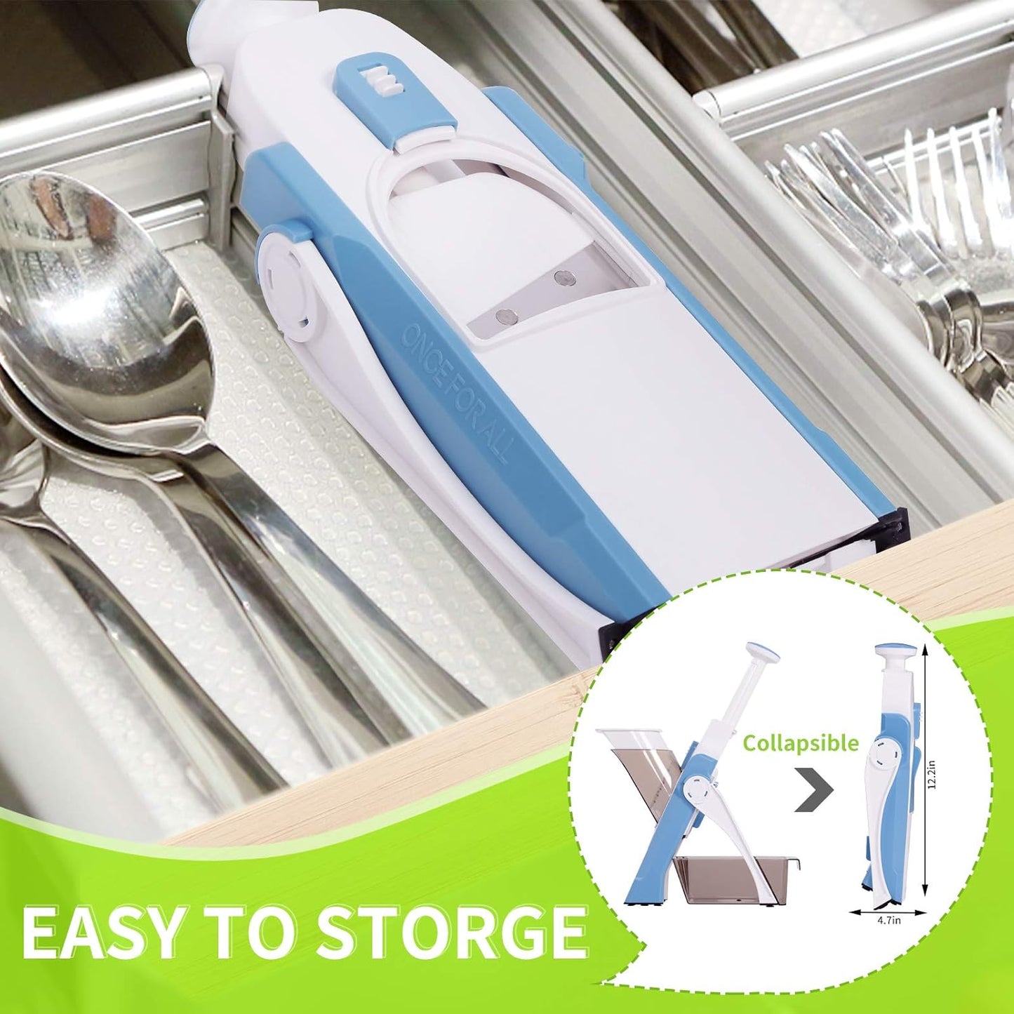 ONCE FOR ALL Safe Mandoline Slicer 5 in 1 Vegetable Cutter, Strips Julienne Dicer Adjustable Thickness 0.1-8 mm for Kitench Fast Meal Prep (Light Blue)