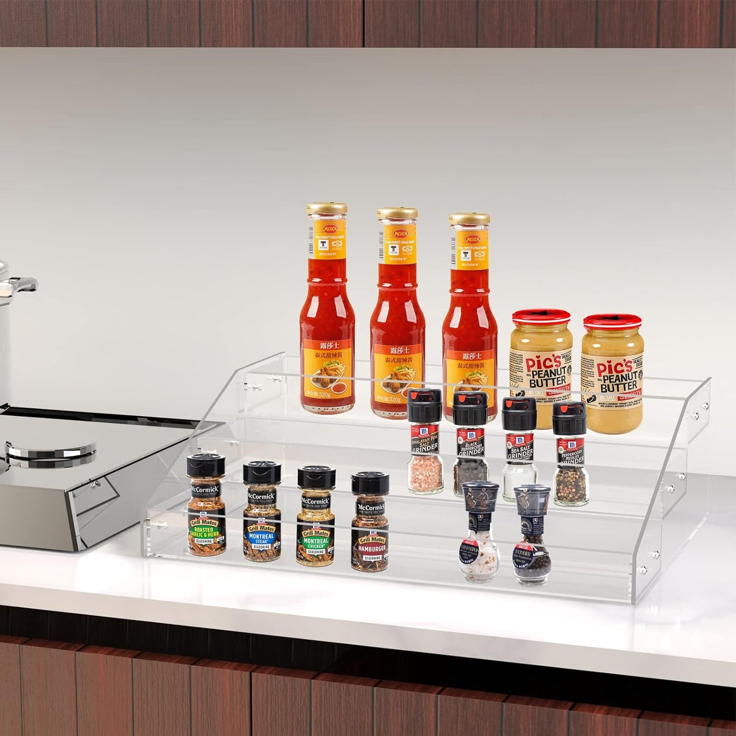 PMMASTO Widen Tiered Spice Rack, Seasoning Organizer, Clear Acrylic Vertical Shelves Can Organizer for Countertop, Cabinet, Pantry, Kitchen Organization and Storage - 3 Tier