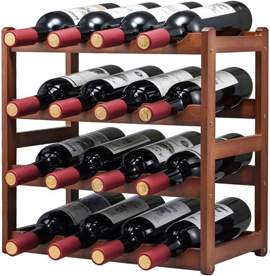 Bamboo Wine Rack,4 Tier, Wine Bottle Holder, Hold 16 Bottles for Home Kitchen, Dinging Room, Pantry, Cabinet, Bar
