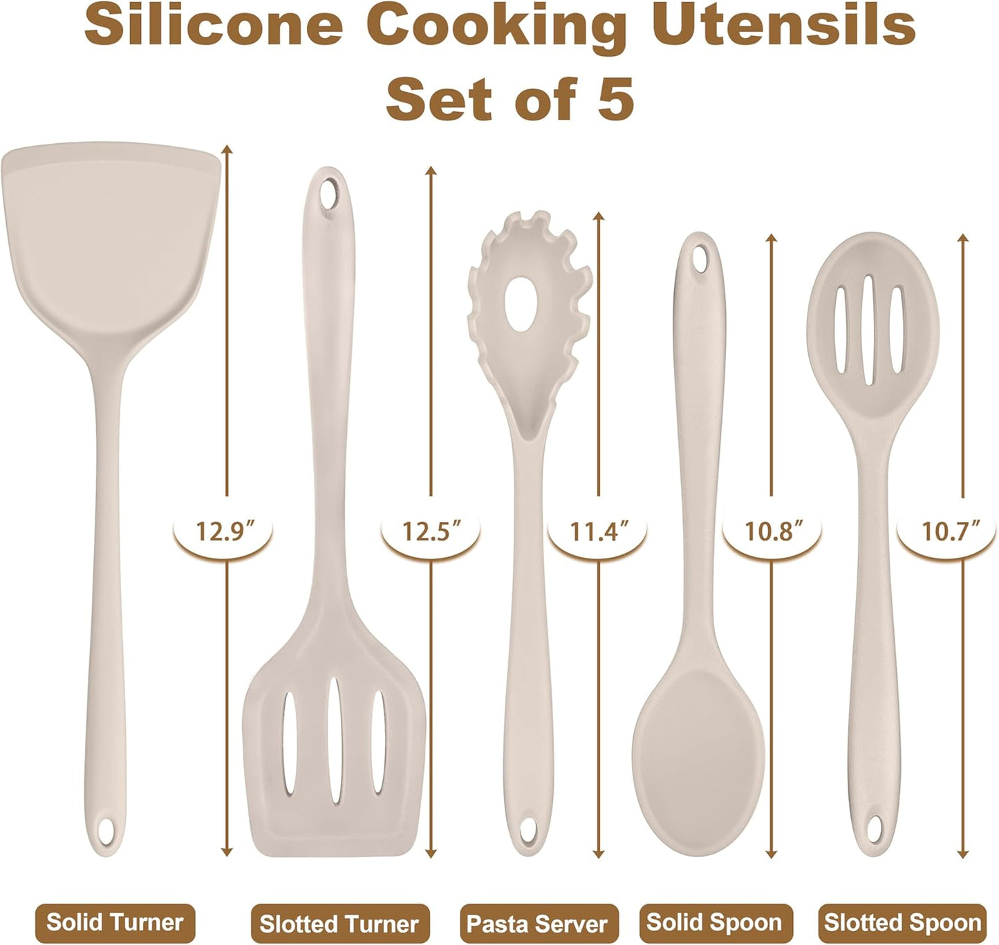 TeamFar Silicone Cooking Utensils, Kitchen Utensils Set of 5, Nonstick Cookware Tools Turners Spoons Pasta Server for Home, Healthy & Heat-Resistant, Seamless & Non-Scratch, Dishwasher Safe, Khaki