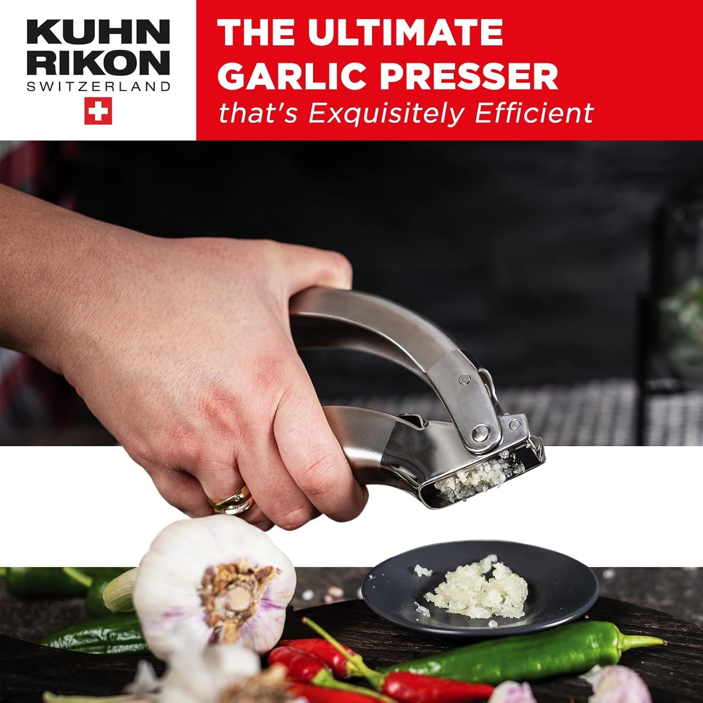 Kuhn Rikon Epicurean Garlic Press, Stainless Steel, 6.5 x 1 x 1.5 inches, Silver