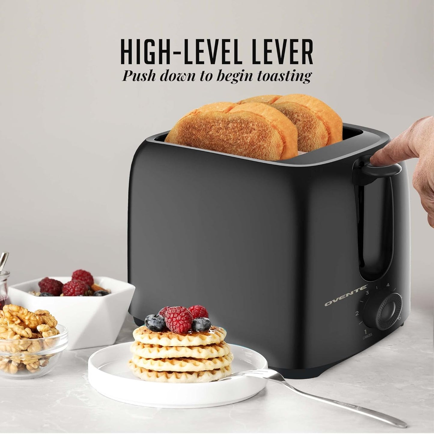OVENTE Electric 2 Slice Toaster Machine with 6-Shade Browning Selector Setting, Compact Design and Removable Crumb Tray, 700W Power Perfect for Toasting Bread, Thin Bagels and Waffles, Black TP2210B