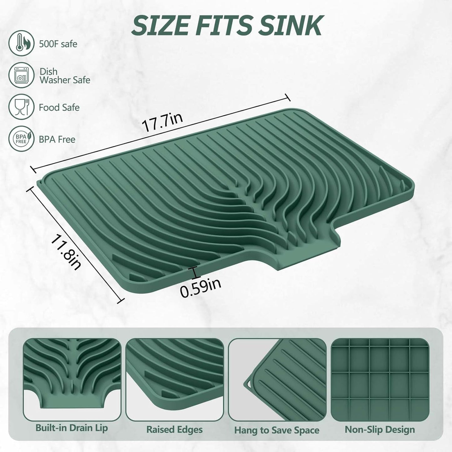 Silicone Dish Drying Mat for Kitchen Counter with Built-in Drain, Easy Clean Pad for Countertop Protection, Fast Self-Draining Slope, Non-Slip, Multiple Use 17.7 x 11.8 Inch (Dark Green)