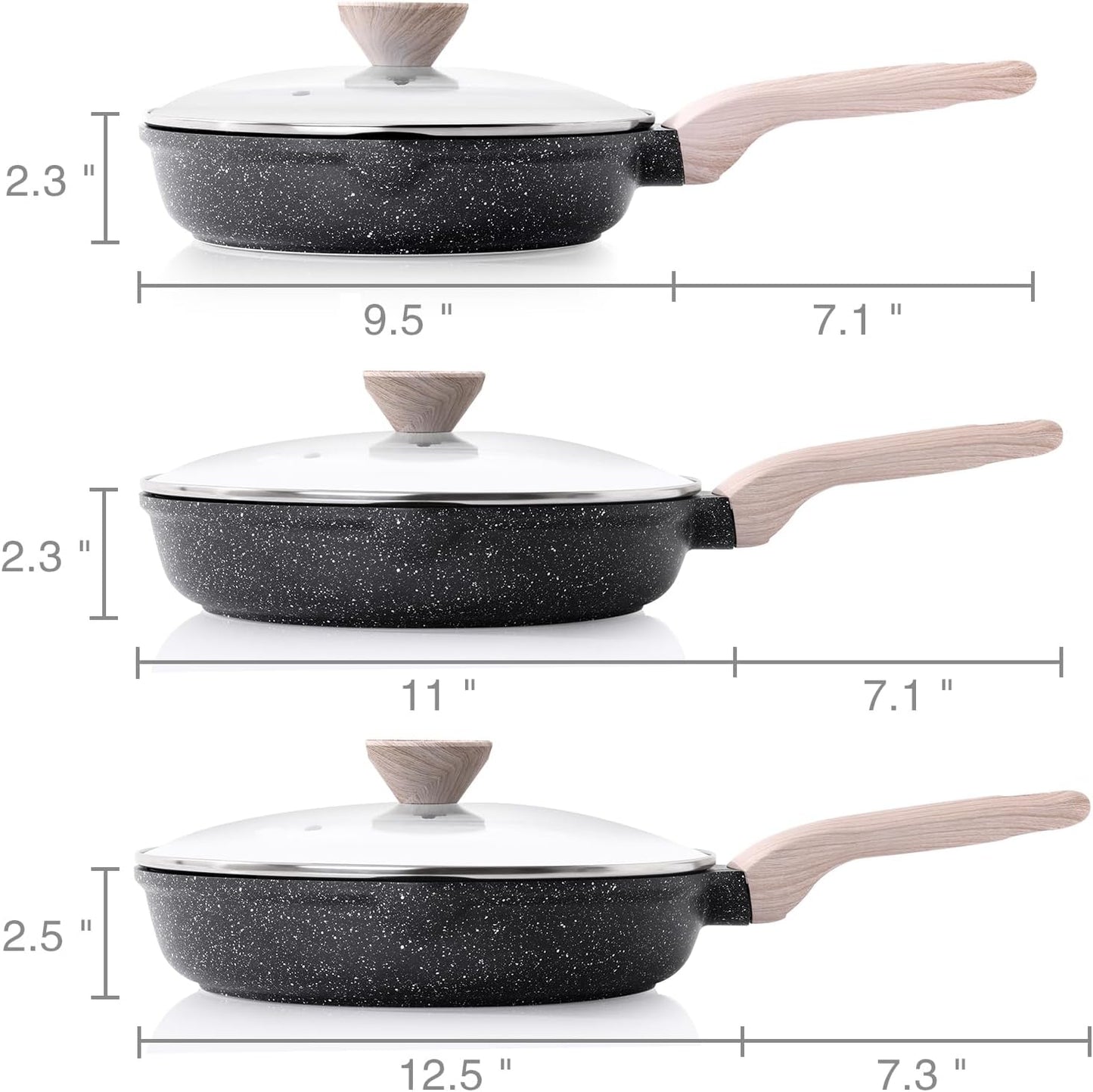 Nonstick Frying Pan Set with Lids, 3 Piece Skillet Set, Healthy Induction Cookware Cooking Pan, Stay-Cool Handle, Compatible with All Stovetops, PFOA Free (9.5, 11, 12.5 Inch)