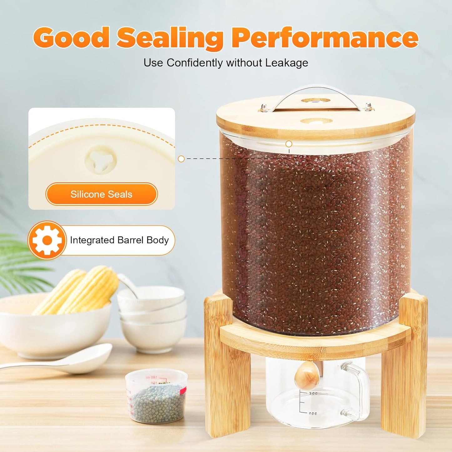 CNCEST Flour and Cereal Container, Glass Rice Dispenser, Countertop Cereal Dispenser with Measuring Cup, Airtight Lid & Wooden Stand for Storing Rice, Flour, Nuts, Coffee Beans (5L/1.32Gal)