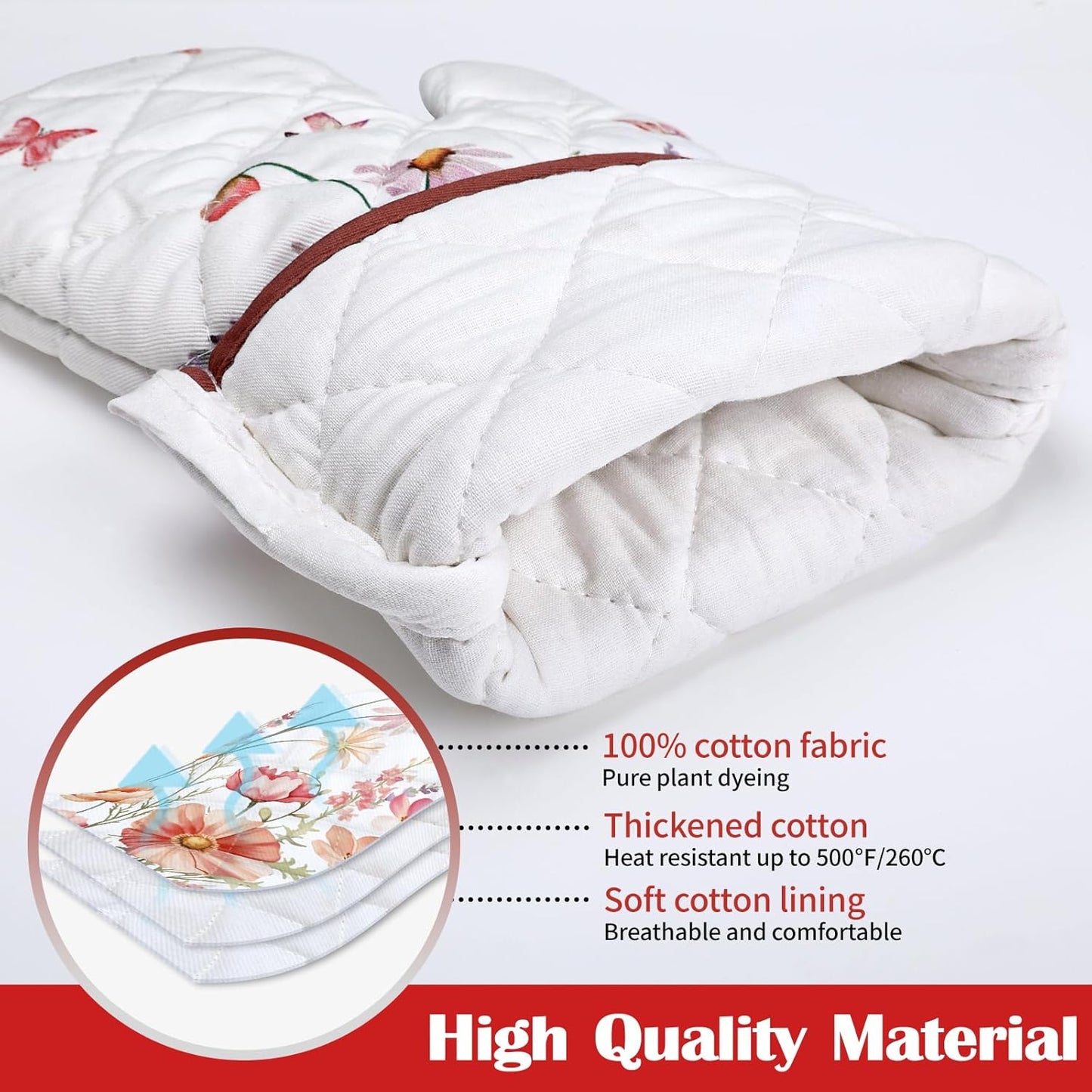 Pink Floral Oven Mitts and Pot Holders Sets 2Pcs, 100% Cotton Heat Resistant, Extra Long Oven Gloves Potholder for Kitchen Cooking Baking Decoration