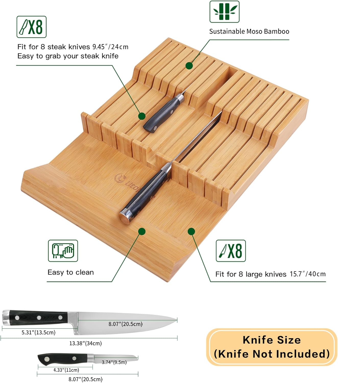 Utoplike In-drawer Knife Block Bamboo Kitchen Knife Drawer Organizer,Large handle Steak knife Holder without Knives, fit for 16 knives and 1 Sharpening Steel