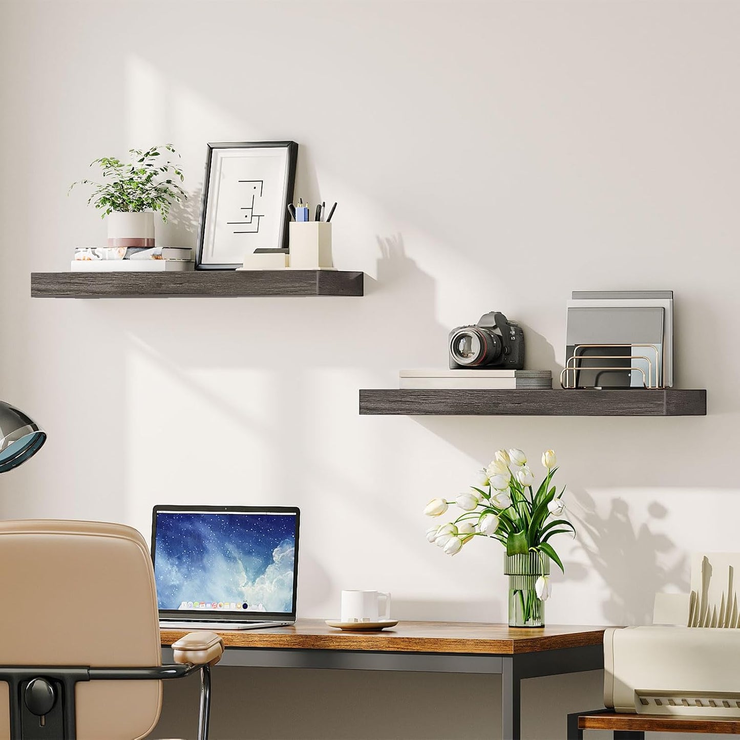 HOOBRO Floating Shelves for Wall, Wall Mounted Shelf Set of 2, 23.6" Hanging Shelf with Invisible Brackets, for Wall in Bathroom, Bedroom, Toilet, Kitchen, Living Room, Office, Charcoal Gray BC60BJ01