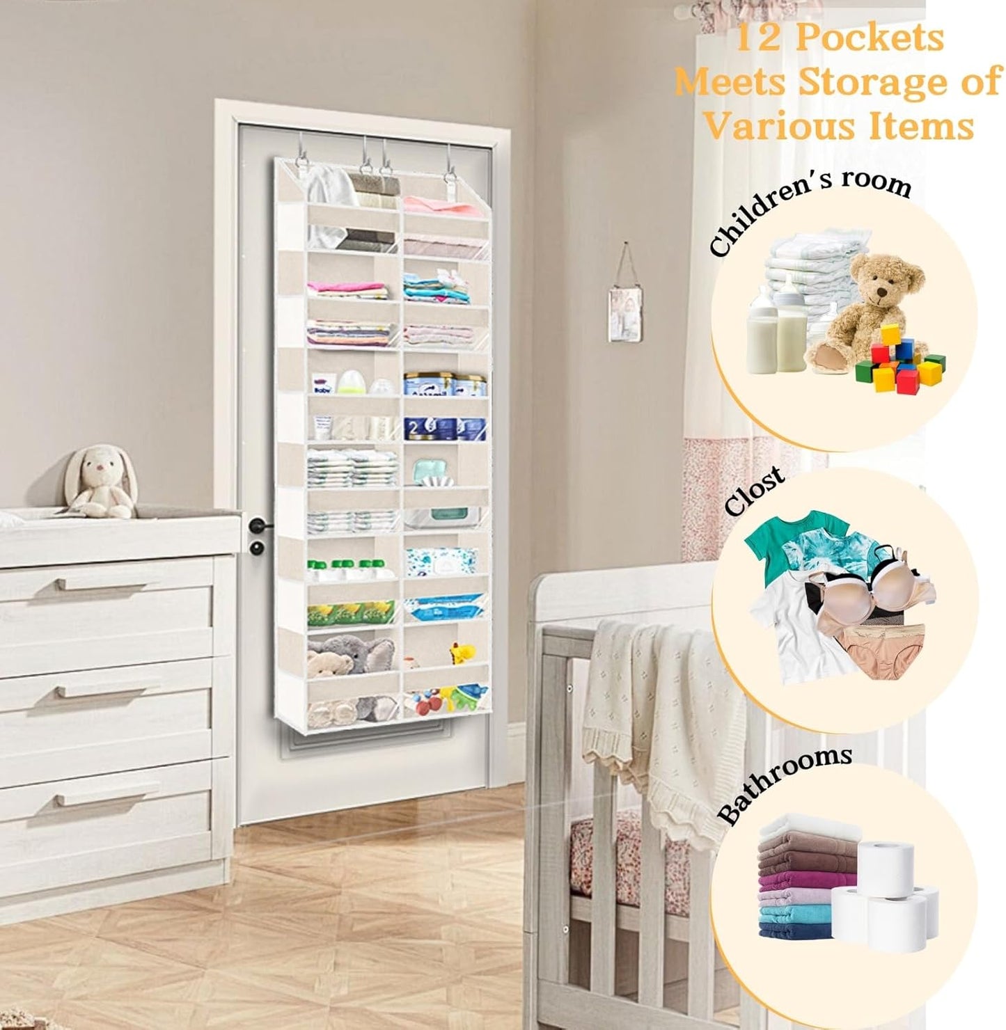 Over the Door Organizer 6 Tiers, Extra Large Behind Door Storage of 12 Compartments,80 lbs Weight Capacity Hanging Storage Organizer with Clear Window Kids Toys, Shoes, Diapers,Beige
