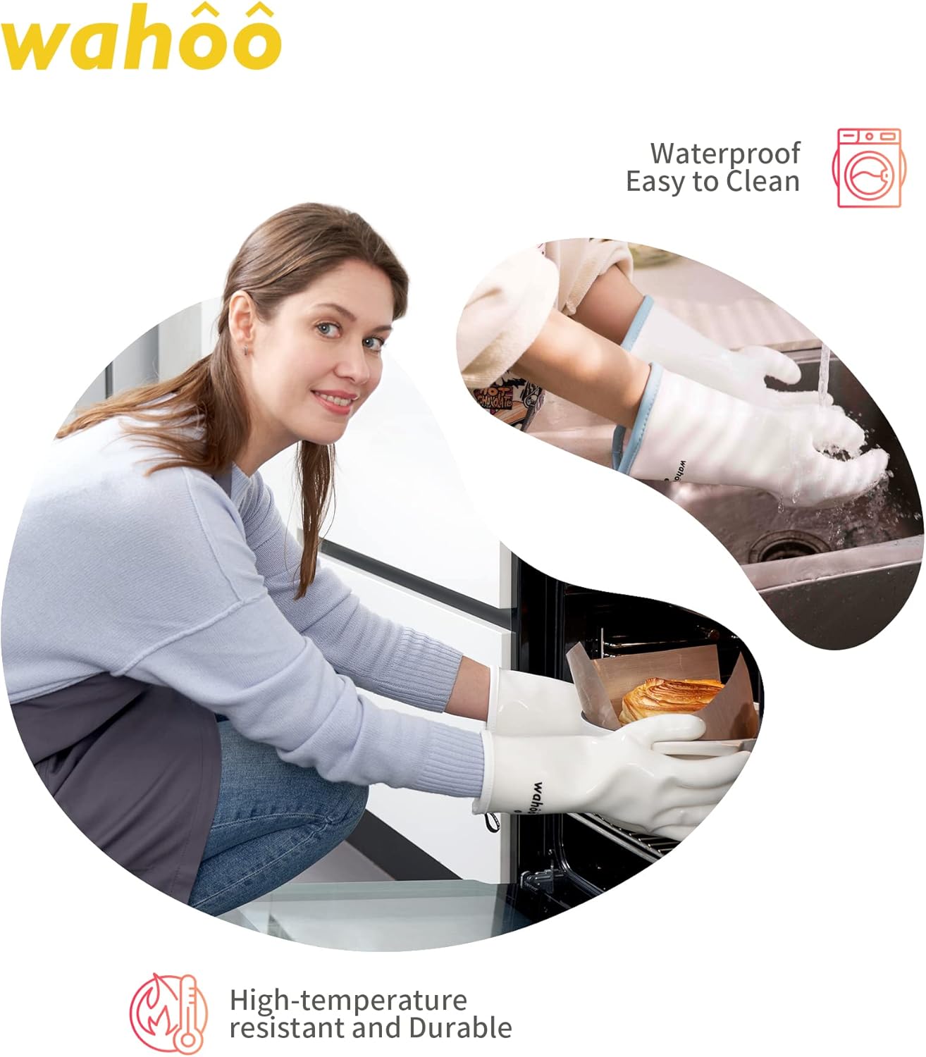 wahoo Professional Liquid Silicone Oven Mitts Gloves, Heat Resistant Gloves for Cooking, Baking, CoralAir Liner, 12 Inch, White, Large