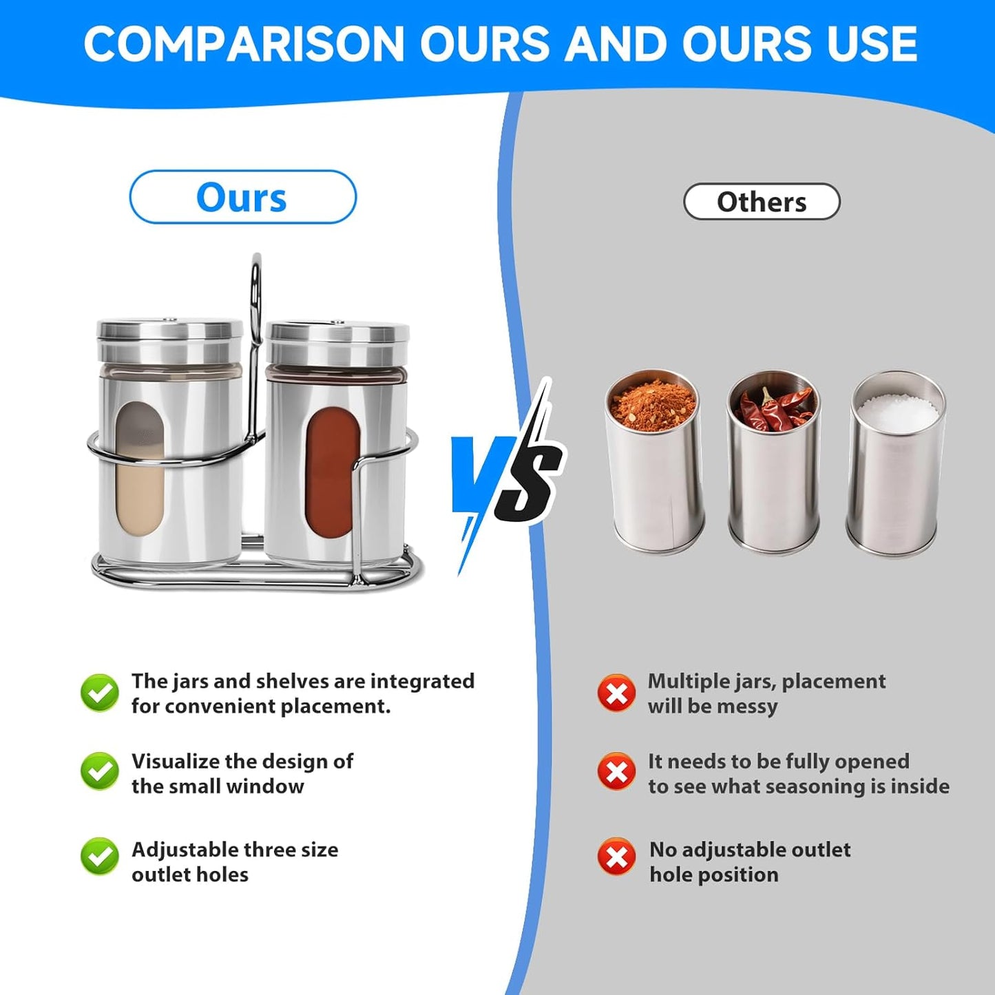 Glass Salt and Pepper Shaker Set with Seasoning Rack, Spice Rack, Adjustable Pour Hole Stainless Steel Lid, 2.8 oz, Spice Dispenser for Salt, Pepper, Spice Preservation (silver)