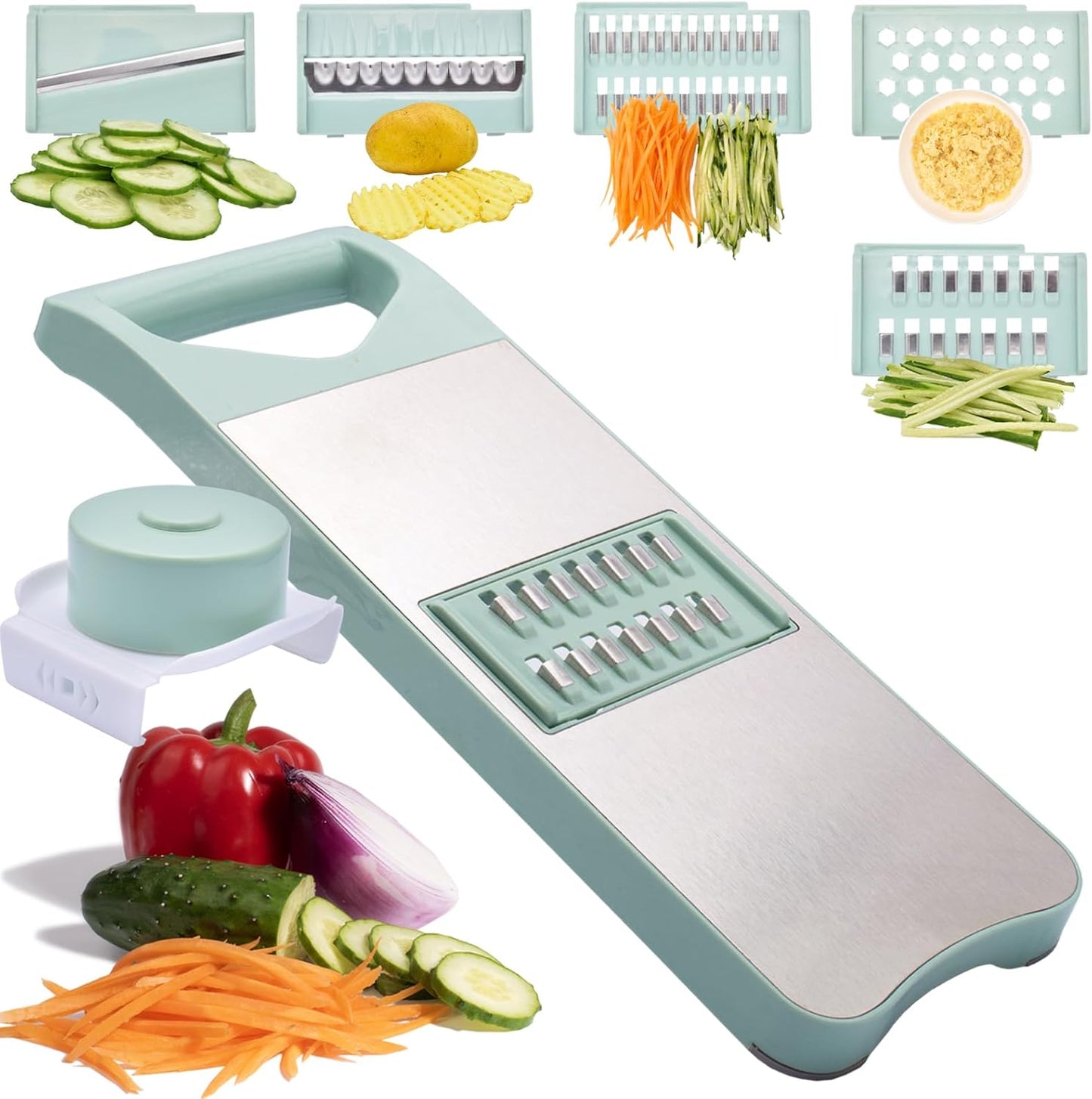 Multi-Purpose Mandoline Slicer with Slide-On Hand Guard - Vegetable Chopper, Potato/Onion/Garlic Slicer, Kitchen Grater(Multi-Color) (Seafoam green, 5-in-1)