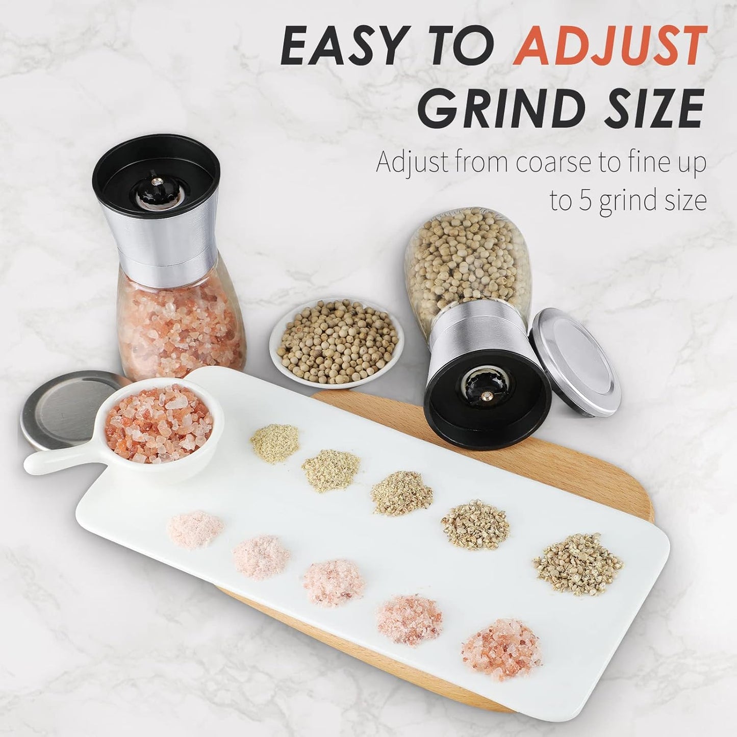 Salt and Pepper Grinder Set - Refillable Grinder Adjustable Coarseness of Pepper Salt Spice Stainless Steel Mills Glass 6oz（2 Pack）