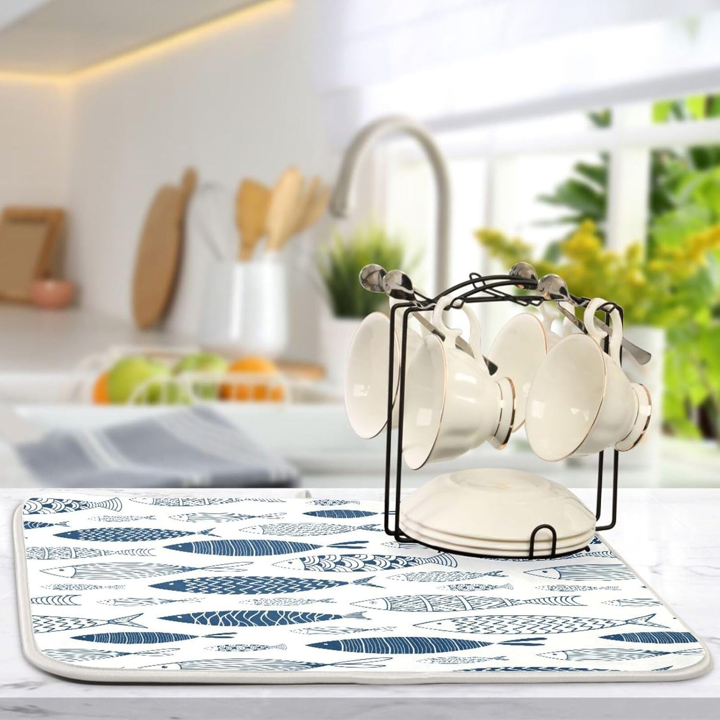 Cartoon Fish Dish Drying Mat for Kitchen Counter Absorbent Microfiber Drying Pad, Large 18x24 in, Reversible Drainer Mats