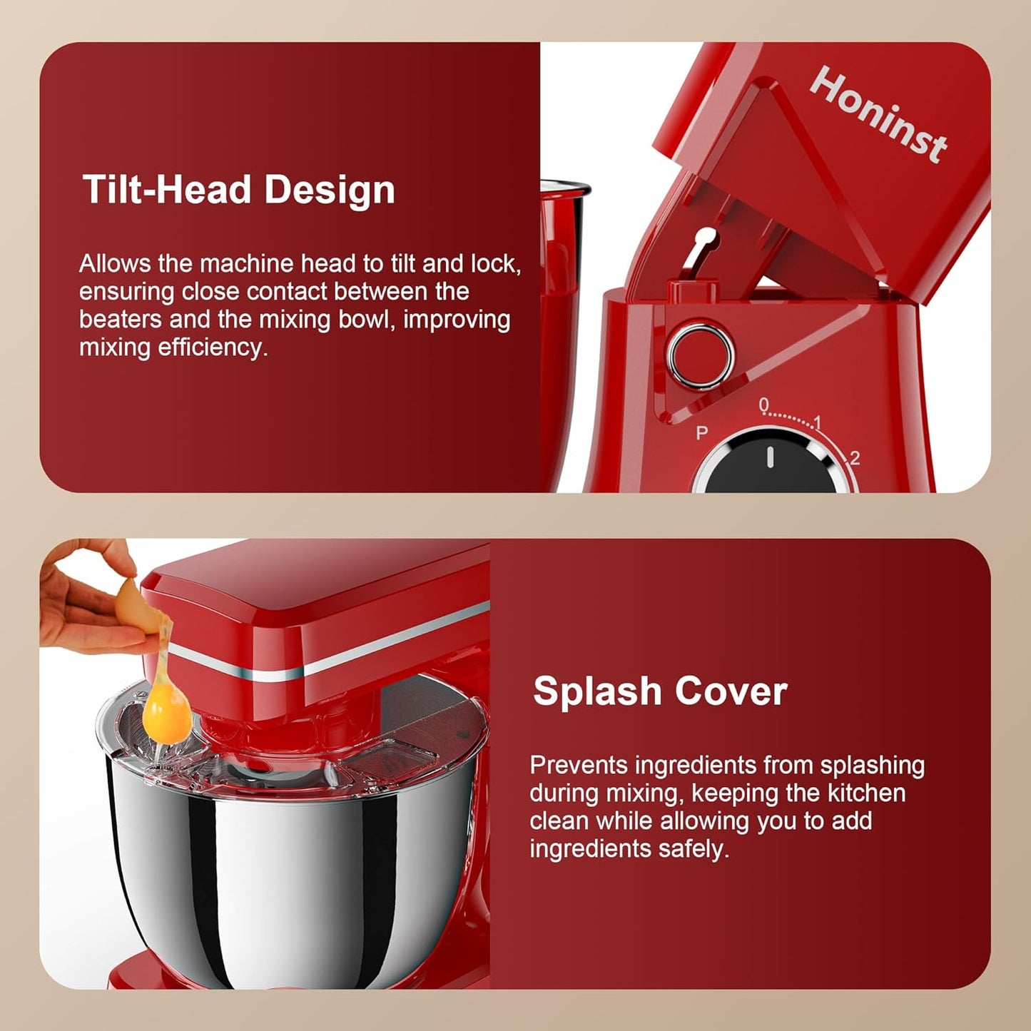 10-Speed Stand Mixer with 8-in-1 Splash Guard, Tilt-Head, 6QT Stainless Steel Bowl + Dishwasher-Safe Dough Hook/Whisk/Beater/Spatula for Baking Bread, Cakes, Cookies, Red
