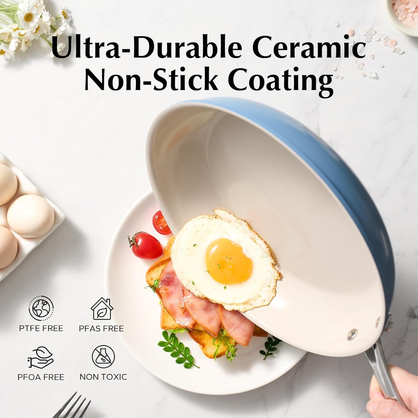 Redchef Non Stick Ceramic Frying Pan Set, Non Toxic Ceramic Pans for Cooking, 8" 9.5" 11" Skillet Set, No PFAS & PTFE & PFOA with Stainless Steel Handle, Dishwasher & Oven Safe Max up to 842°F (Blue)