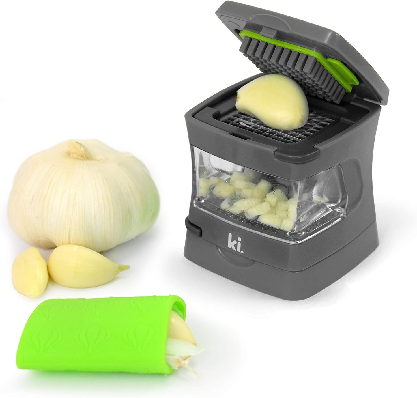 Garlic-A-Peel Garlic Press, Crusher, Cutter, Mincer, and Storage Container - Includes Silicone Garlic Peeler - Easy to Clean - Stainless Steel Blades – (Grey), standard
