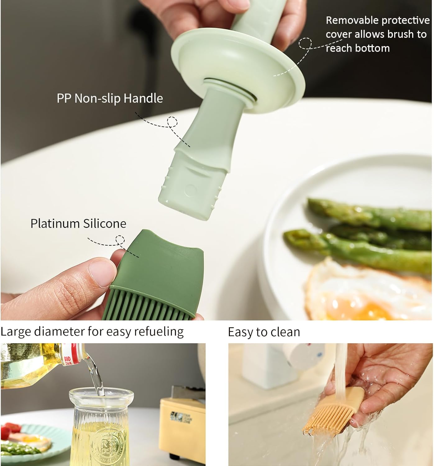 Oil Dispenser with Brush - Glass Olive Oil Dispenser for Kitchen, 3 IN 1 Oil Dispenser Bottle with Silicone Basting Brush for Cooking Vinegar Sauce BBQ Grill Frying (Brown/White/Green)