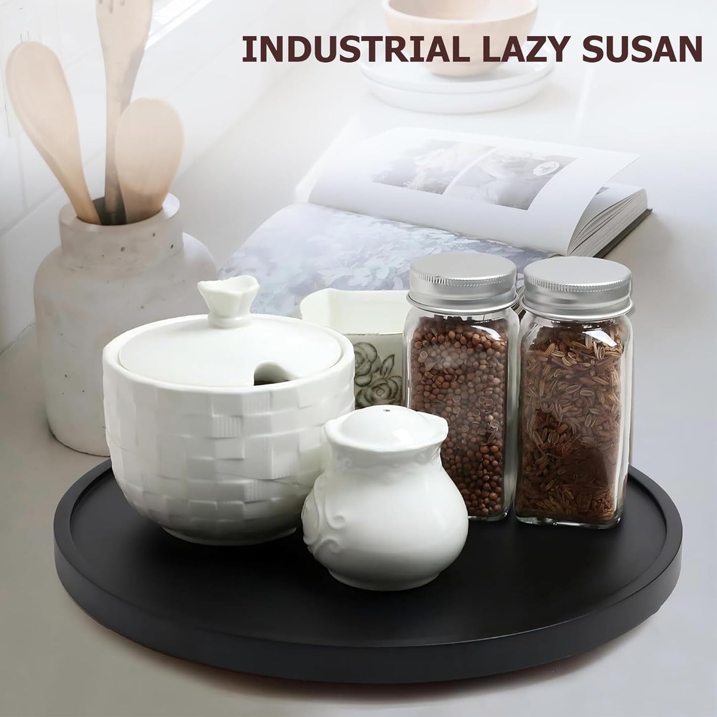 10-inch Black Wood Lazy Susan Organizers, ACIAZAAZ Lazy Susan Turntable for Cabinet, Kitchen Turntable Storage for Table, Countertop, Pantry